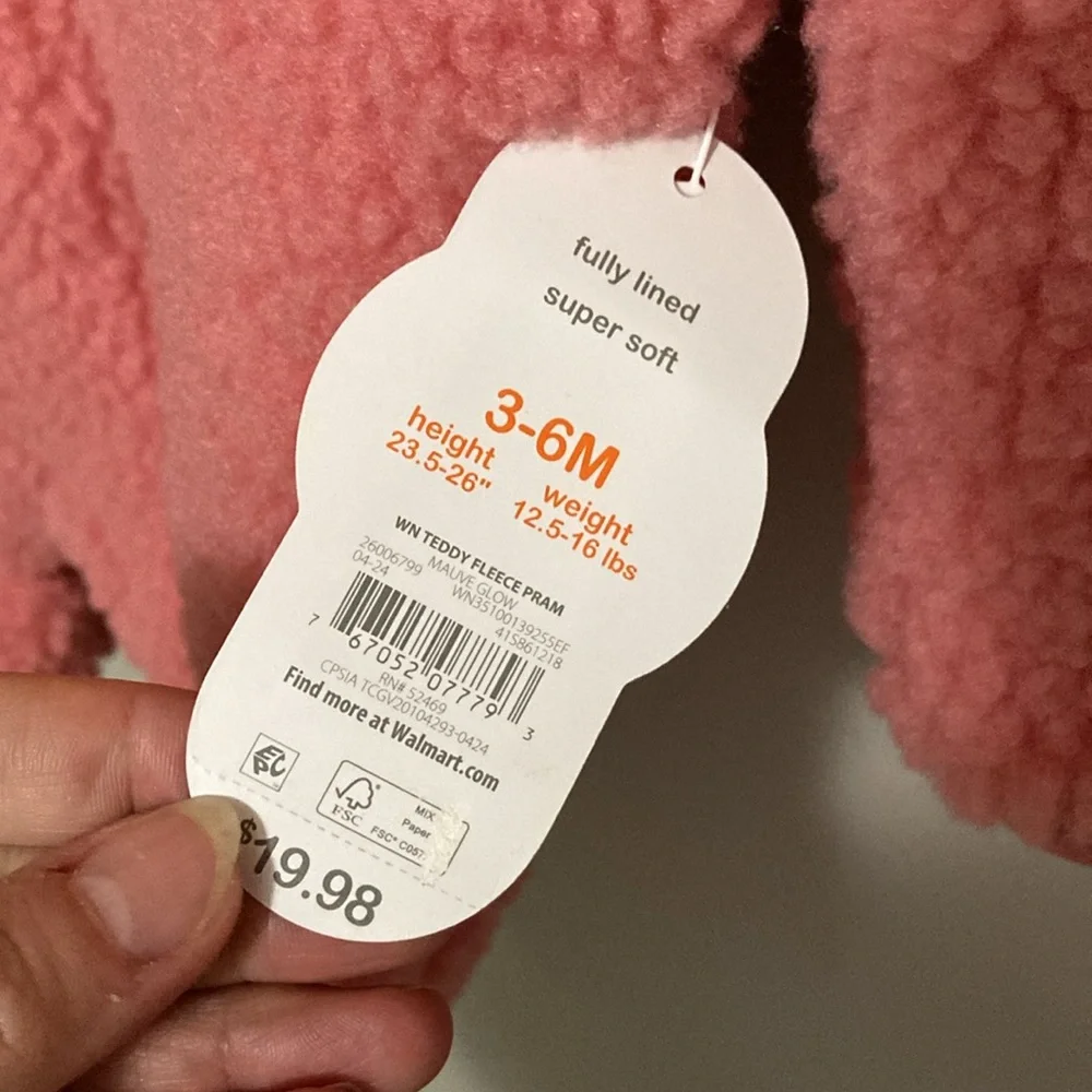 NWT Wonder Nation Baby Pink Teddy Fleece Pram with Hood, Size 3-6 months